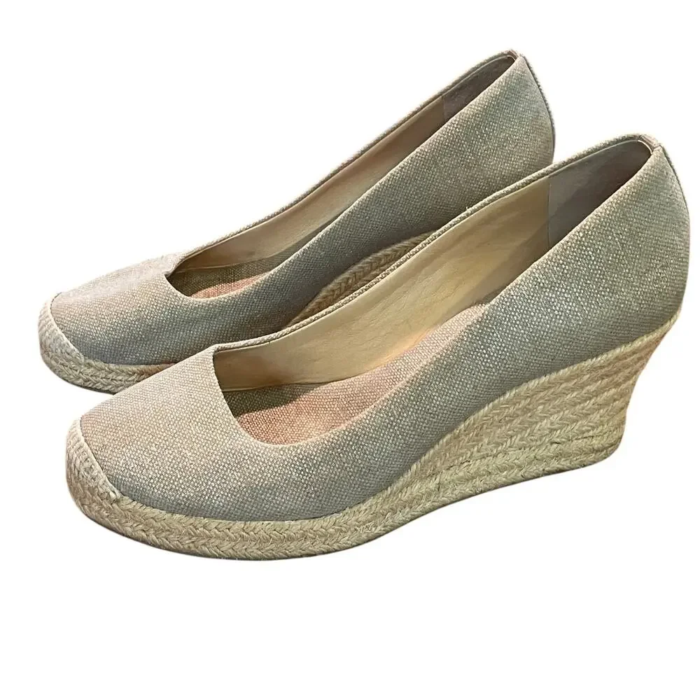 J. Crew Seville Espadrille Canvas Wedge, Beige /Gray Metallic, Classic, Size 9